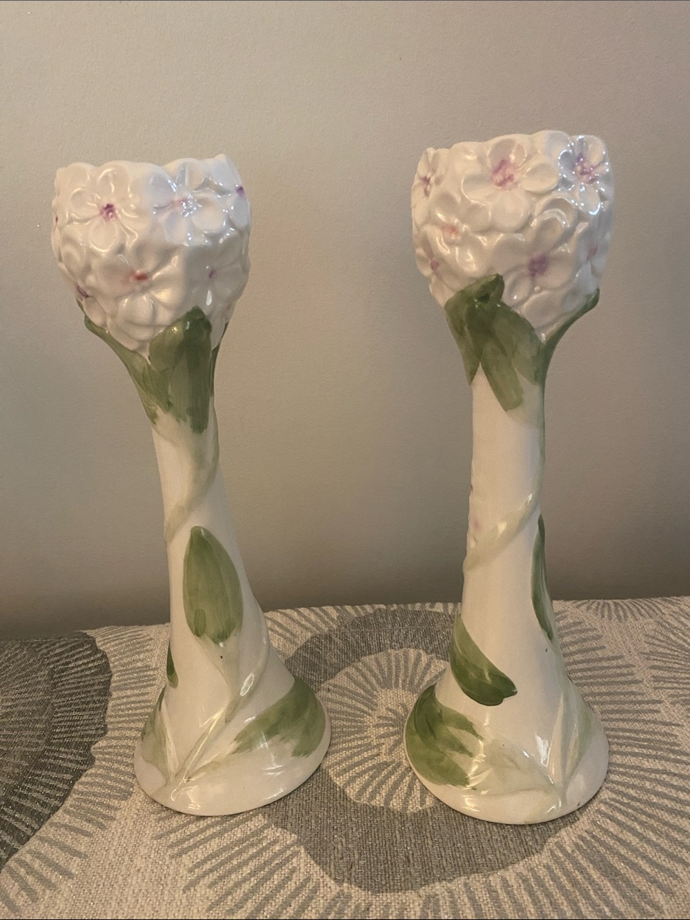 Ceramic Hydrangea Candle Holders White Hand painted Shabby Chic Pair Portugal